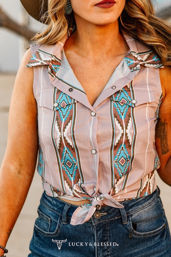 Retro sleeveless pearl snap shirt